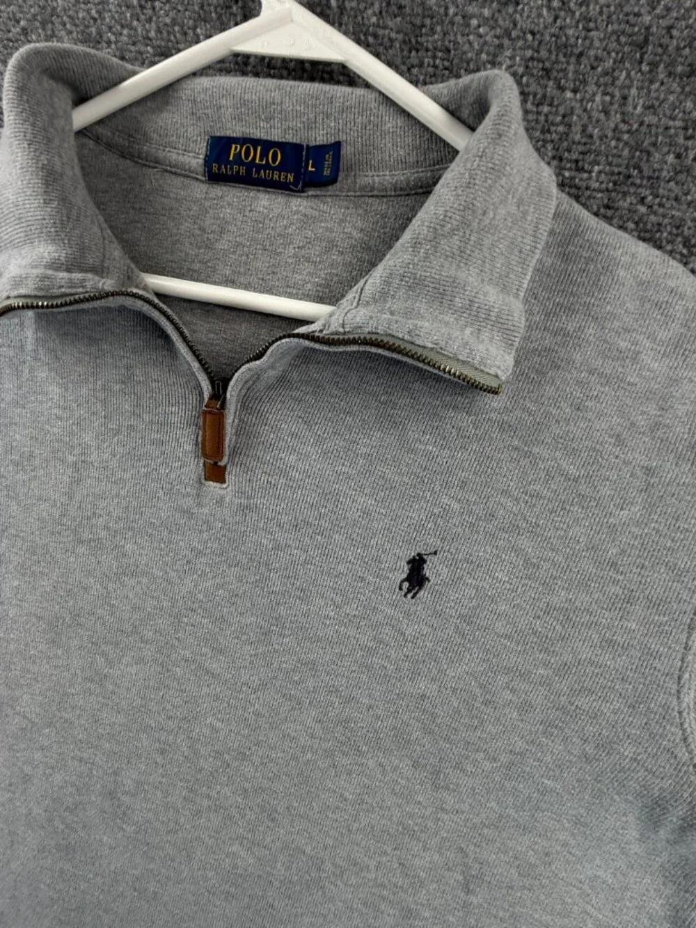 Polo Ralph Lauren Light Gray Pullover Cotton 1/4 Zip Sweater Men Large Knit Pony